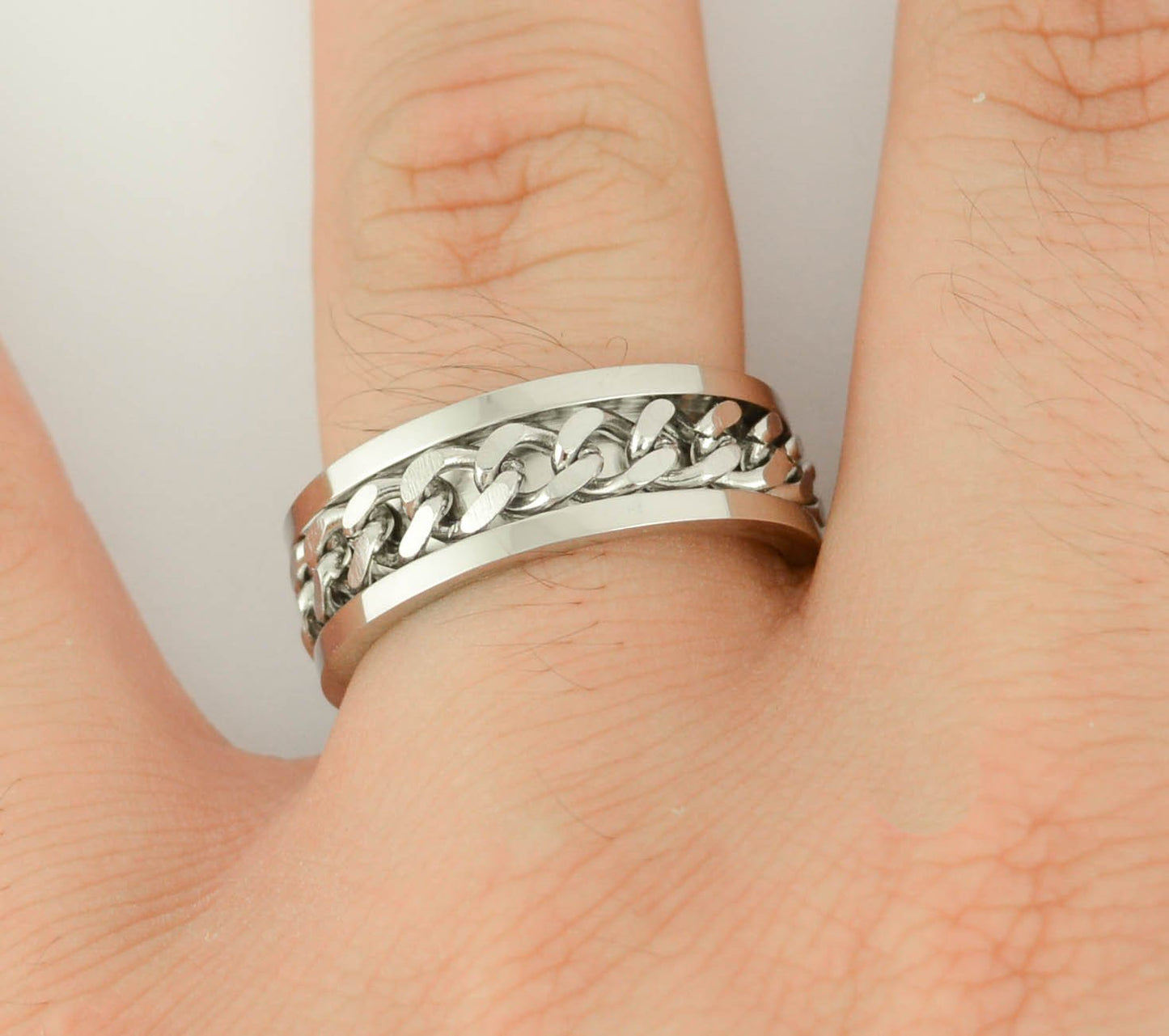 All Silver EditionGents' Cuban Link Spinner Ring Stainless Steel Motorcycle Jewelry