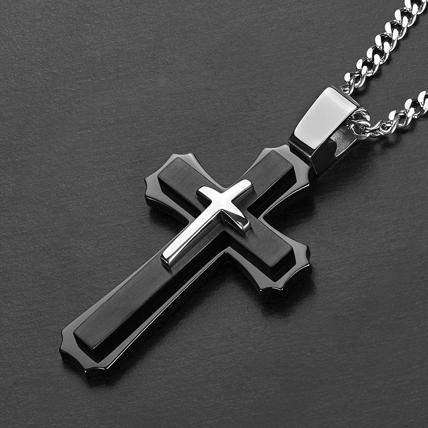Crucible Jewelry Mens Stainless Steel Large Layered Cross Pendant Necklace, 24", Black/White