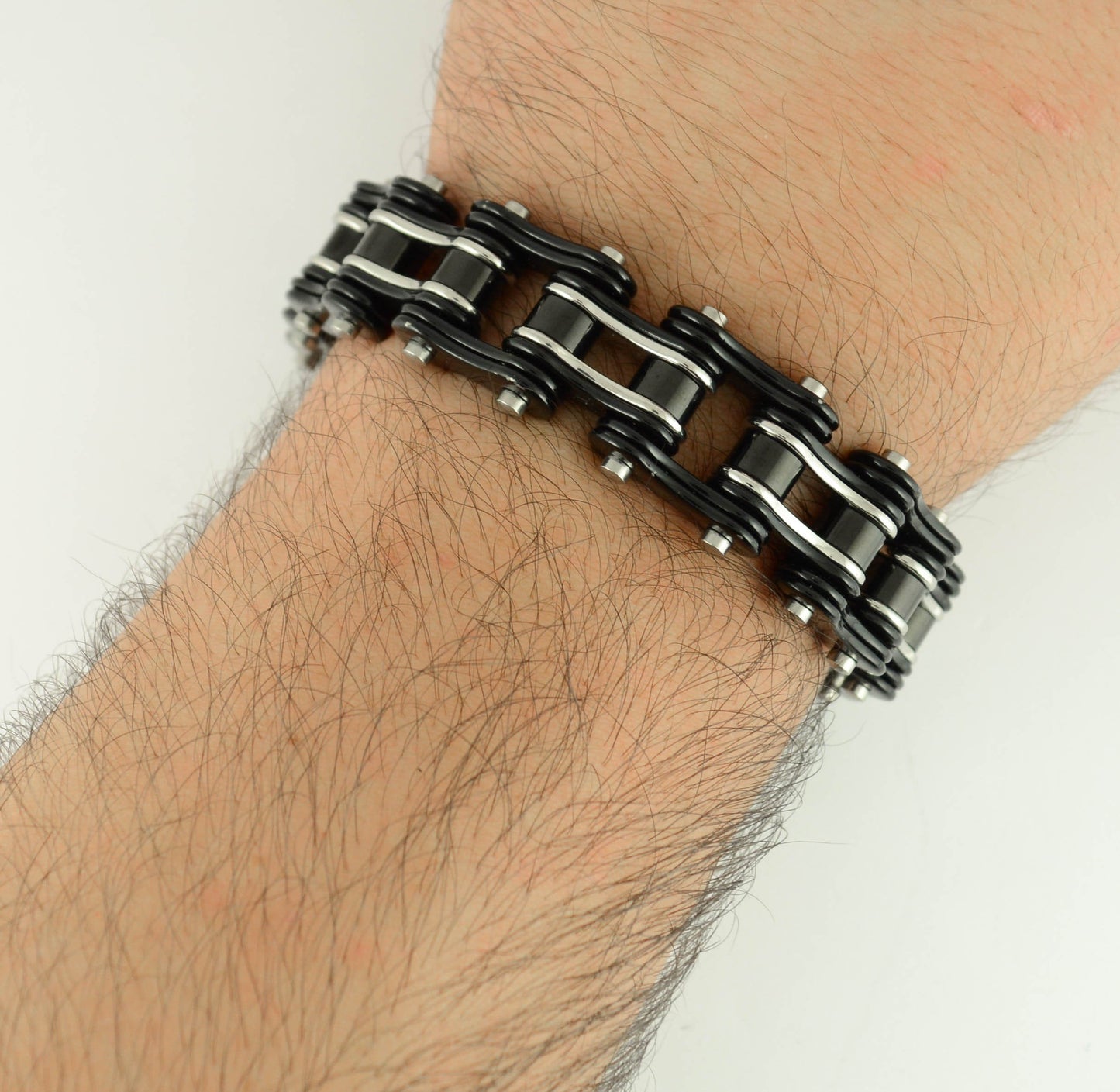 Two Tone Black Silver 3/4" Wide Double Link DesignUnisex Stainless Steel Motorcycle Chain Bracelet