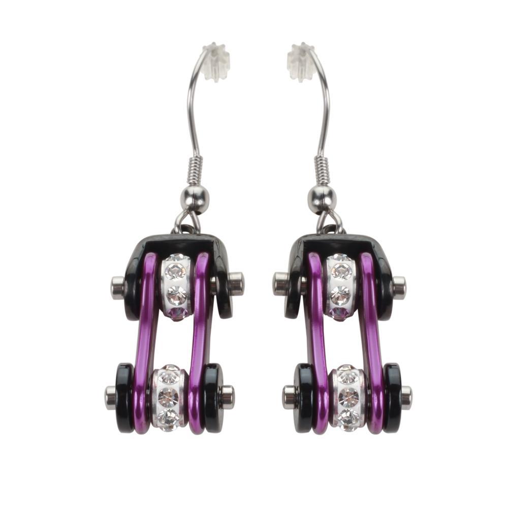 Two Tone Black Candy Purple Crystal Centers Bike Chain Earrings Stainless Steel Motorcycle Biker Jewelry