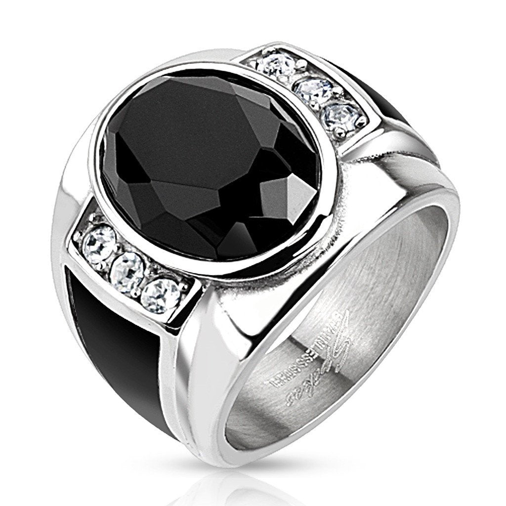 Stainless Steel Diamond Cut Onyx Stone with Black Enamel Sides