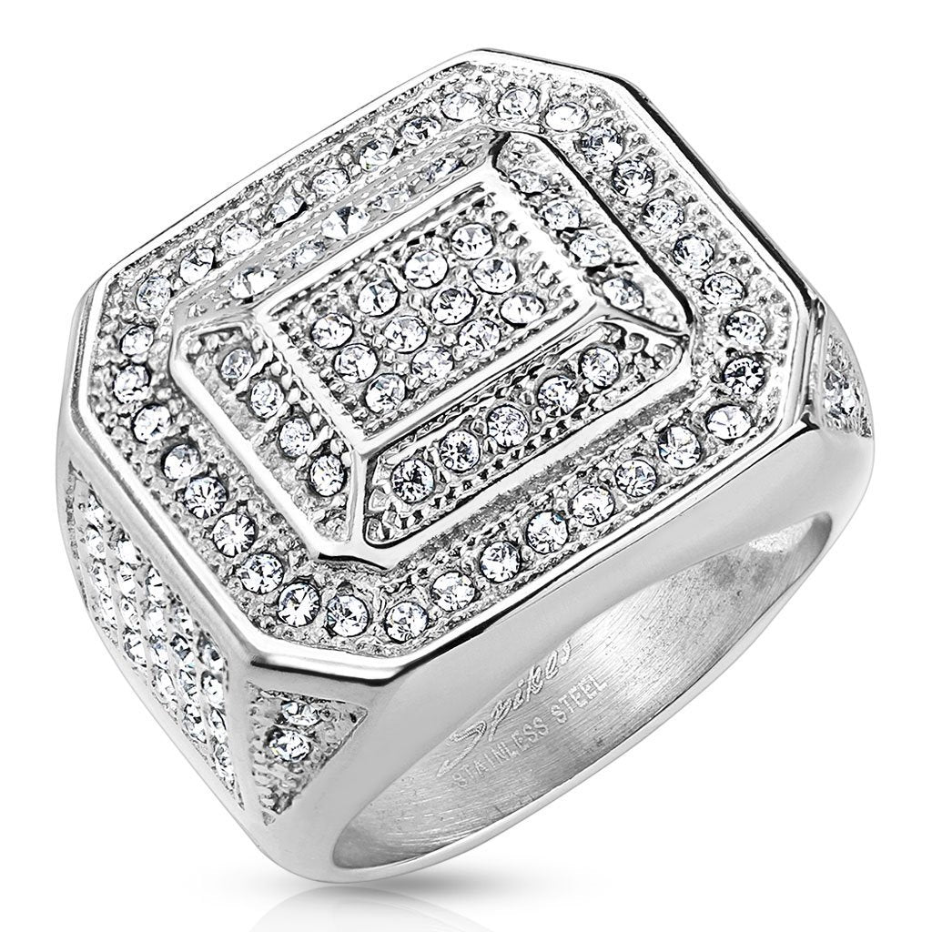 Micro-Pave Diamond Simulate Men's Ring with Square 3D Inset (Stainless Steel)