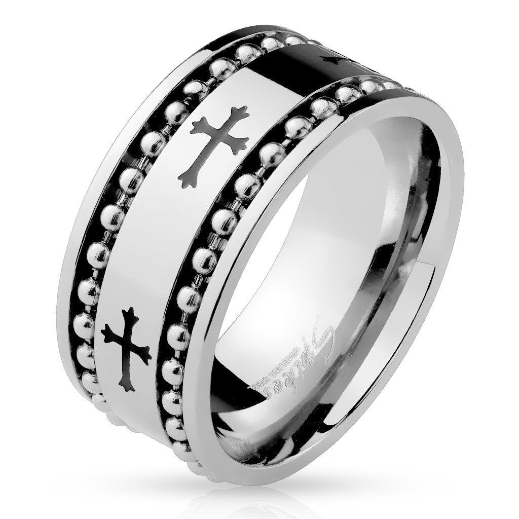 Stainless Steel Cross Pattern with Spinning Ball Chains Ring