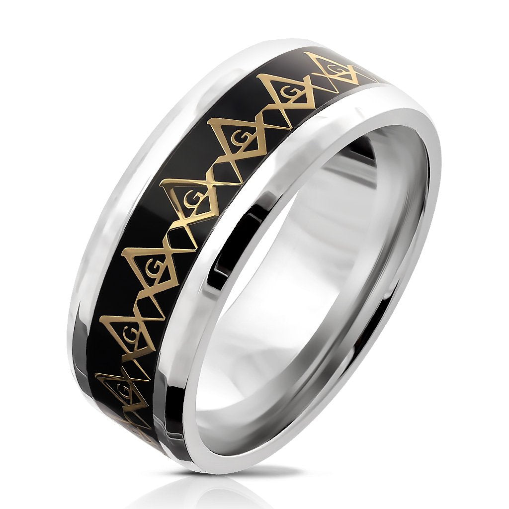 Stainless Steel Gold Masonic Compass Repeating on Black Background Inlay Ring