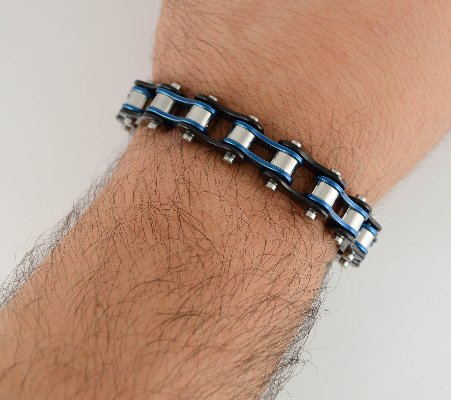 1/2" Wide Tri-Color Blue Black Silver Stainless Steel Motorcycle Bike Chain Bracelet