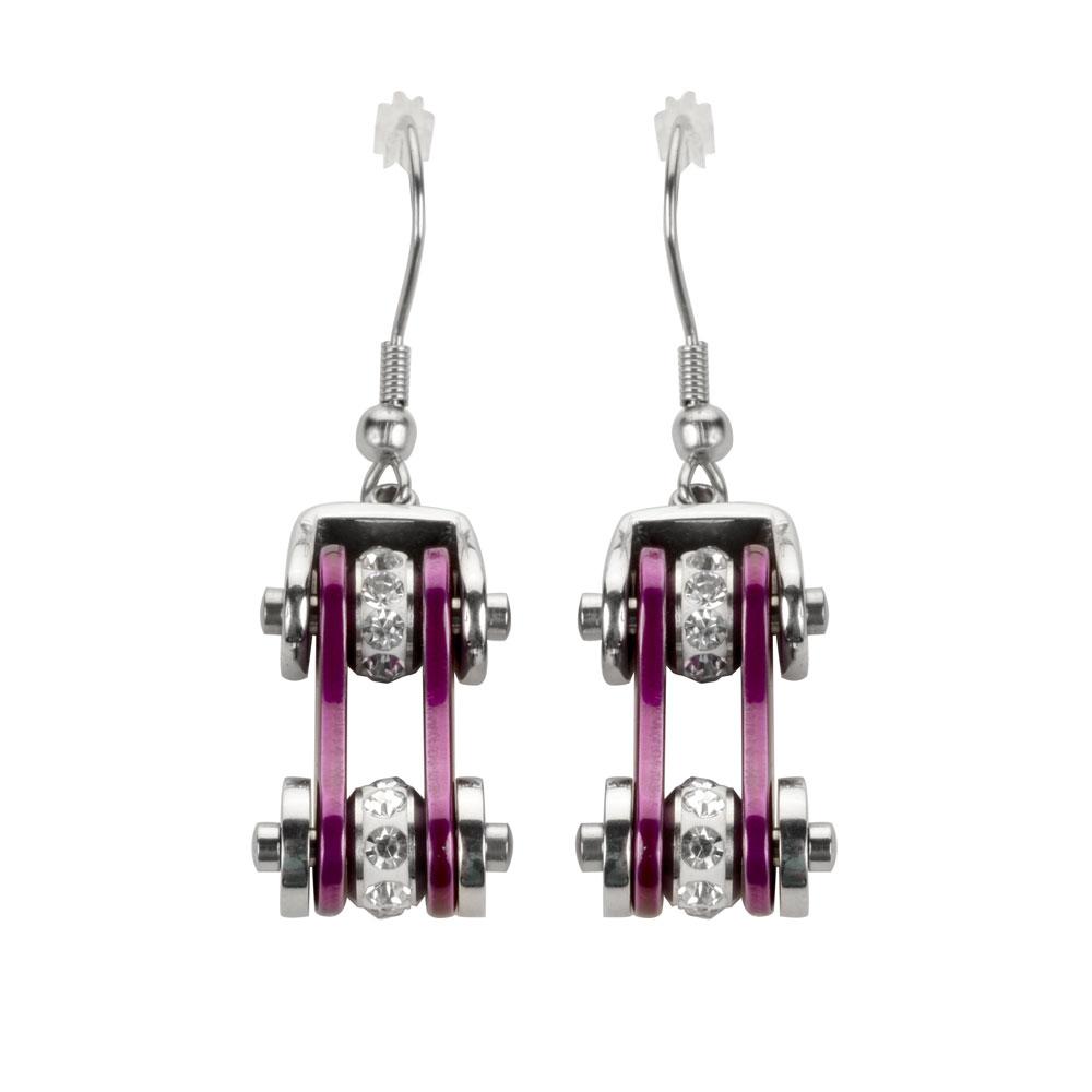 Two Tone Silver Candy Purple Crystal Centers Bike Chain Earrings Stainless Steel Motorcycle Biker Jewelry