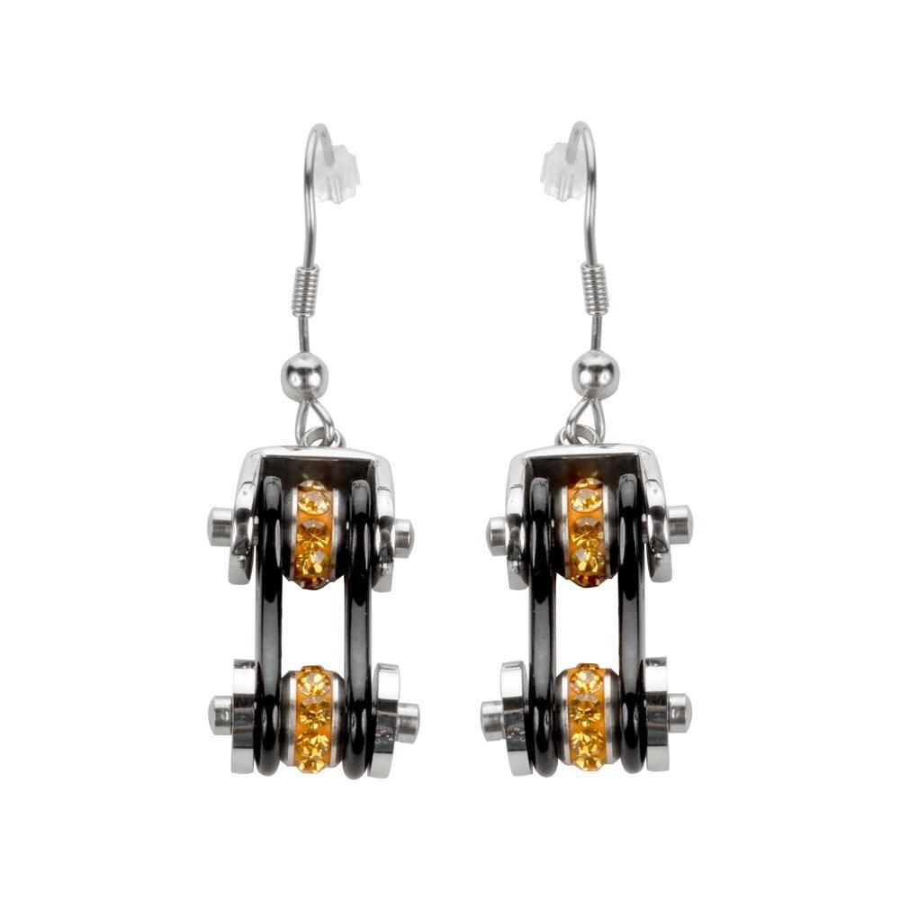 Two Tone Silver Black Orange Crystals Centers Bike Chain Earrings Stainless Steel Motorcycle Biker Jewelry