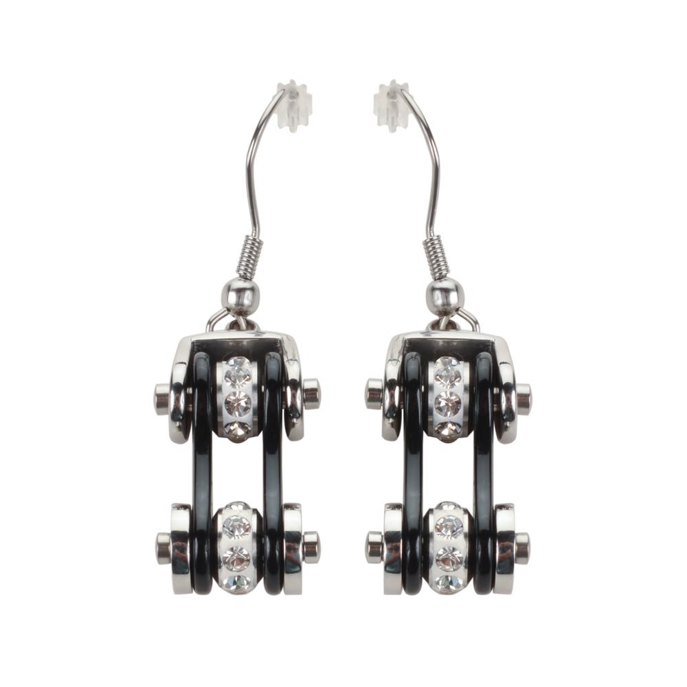 Two Tone Silver Black Crystal Centers Bike Chain Earrings Stainless Steel Motorcycle Biker Jewelry