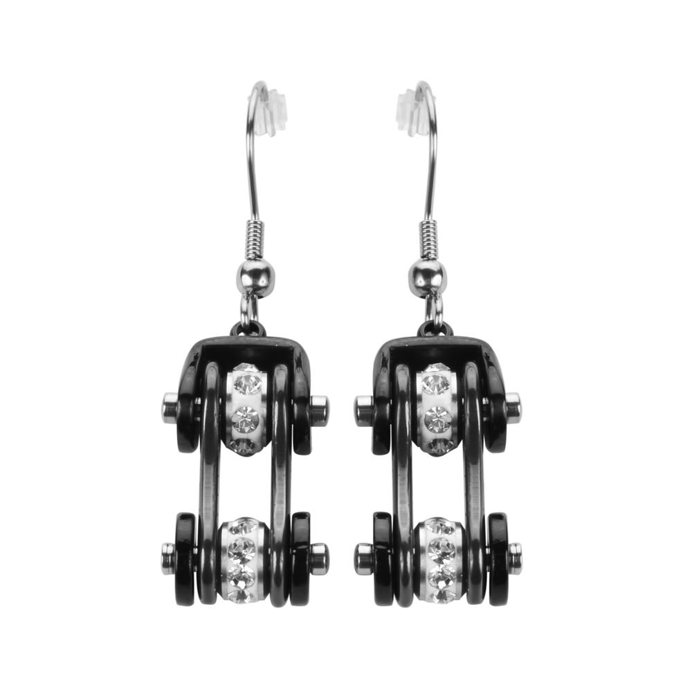 All Black Crystal Centers Bike Chain Earrings Stainless Steel Motorcycle Biker Jewelry