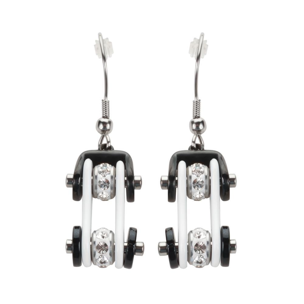 Two Tone White Black Silver Crystal Centers Bike Chain Earrings Stainless Steel Motorcycle Biker Jewelry