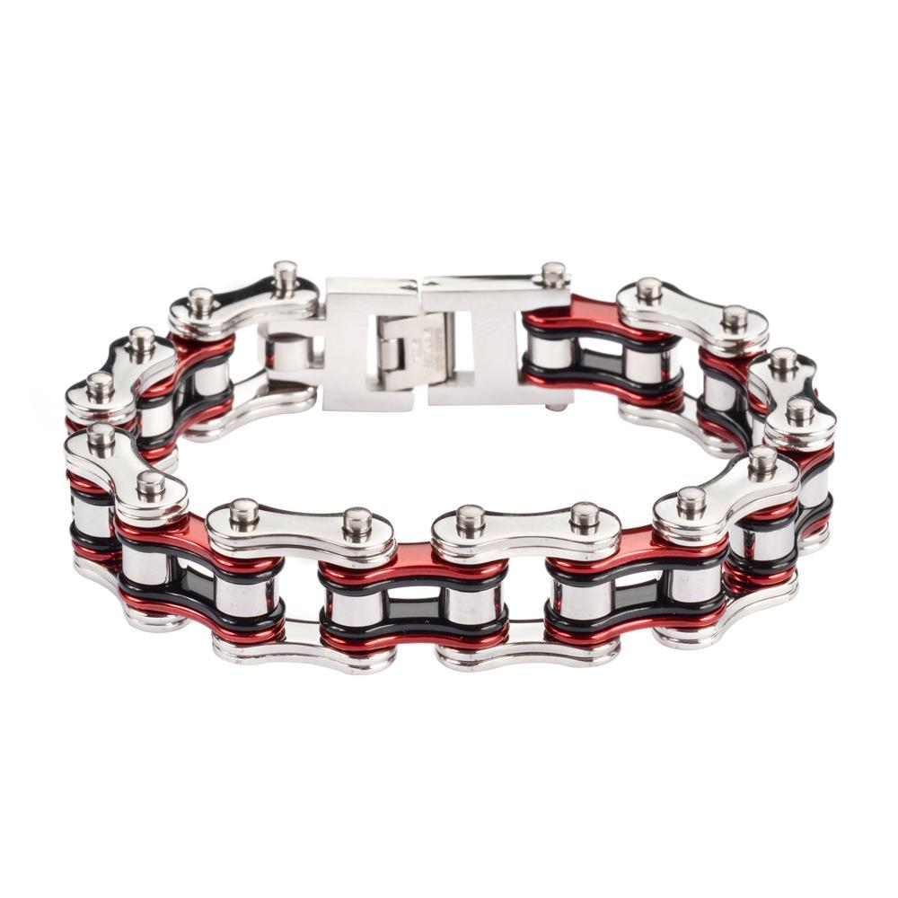 Tri-Color Silver Candy Red Black 3/4" Wide Double Link DesignUnisex Stainless Steel Motorcycle Chain Bracelet