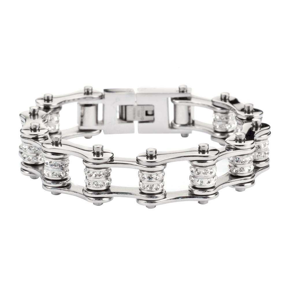 1/2" Wide All Stainless Double Crystal Rollers Stainless Steel Motorcycle Bike Chain Bracelet