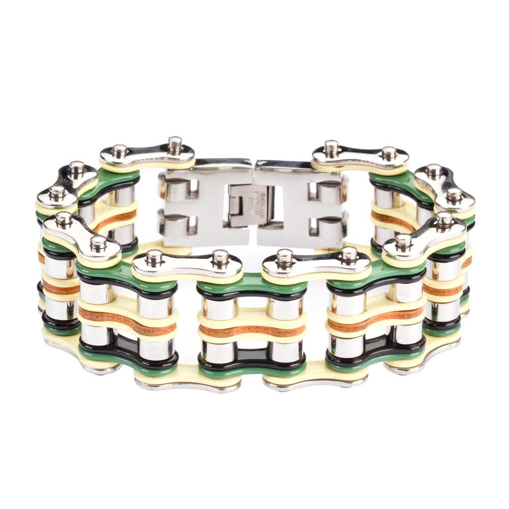 1" Wide Quad Color Silver Yellow Green Black Leather Men's Stainless Steel Motorcycle Chain Bracelet