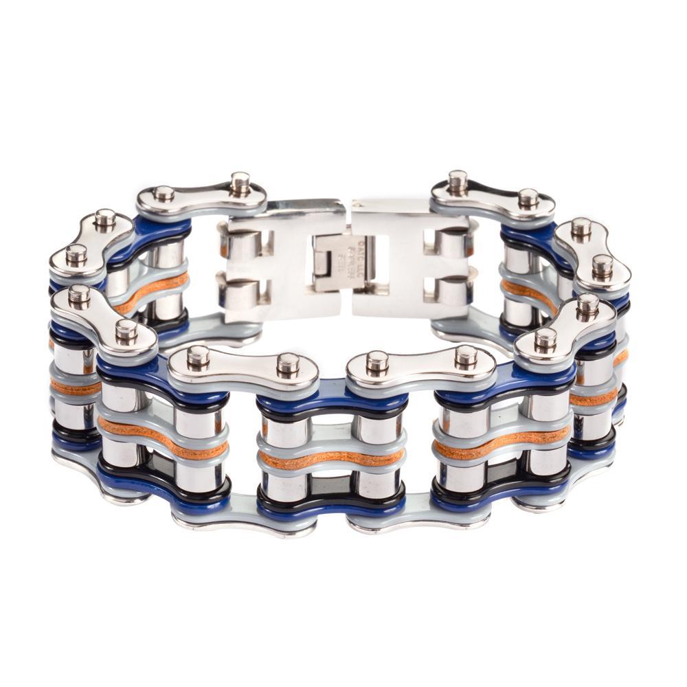 1" Wide Tri-Color Silver Blue Grey Leather Men's Stainless Steel Motorcycle Chain Bracelet