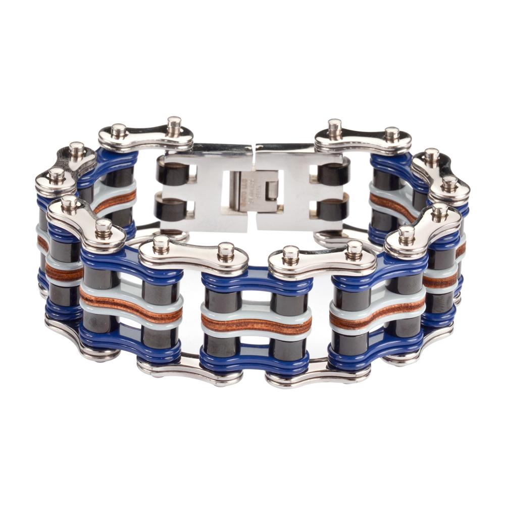 1" Wide Quad Color Tone Silver Blue Black Grey Leather Men's Stainless Steel Motorcycle Chain Bracelet