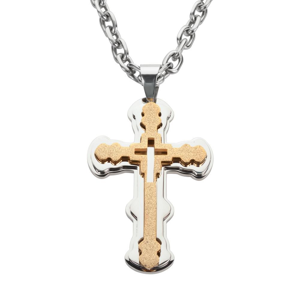 2.5" Triple Layer Cross with 5 Millimeter Byzantine Necklace 26" Stainless Steel Religious Jewelry