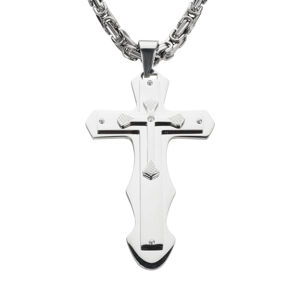 2.5" Triple Layer Cross with 5 Millimeter Byzantine Necklace 26" Stainless Steel Religious Jewelry