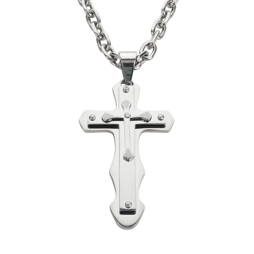 4" Triple Layer Cross with 7 Millimeter Byzantine Necklace 26" Stainless Steel Religious Jewelry