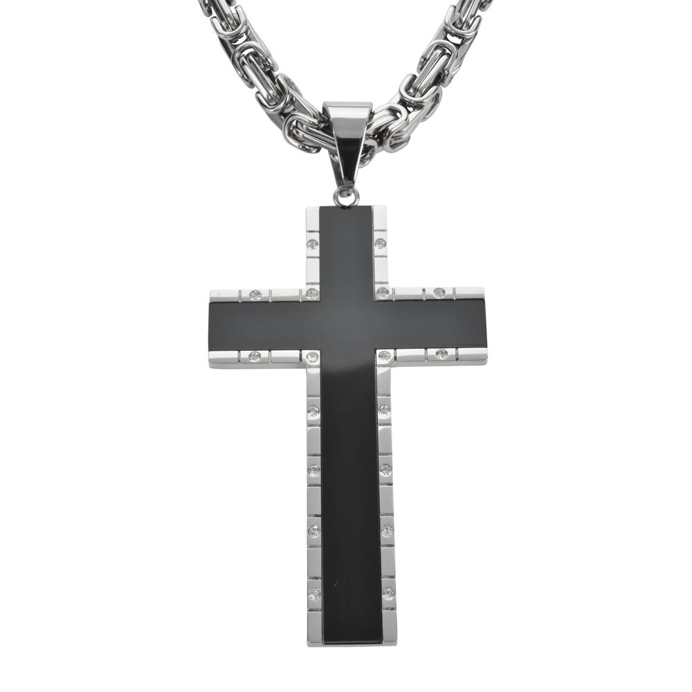 2.5" Onyx Inlay Cross with 5 Millimeter Byzantine Necklace 26" Stainless Steel Religious Jewelry