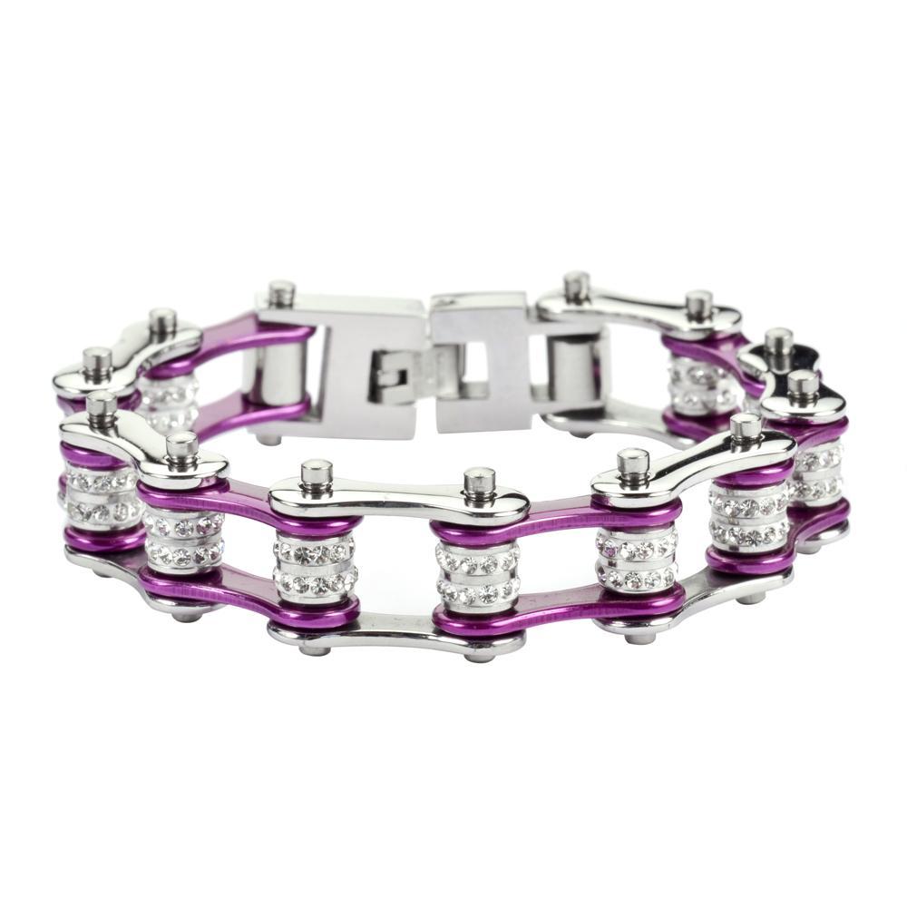 1/2" Wide Silver Candy Purple Double Crystal Rollers Stainless Steel Motorcycle Bike Chain Bracelet
