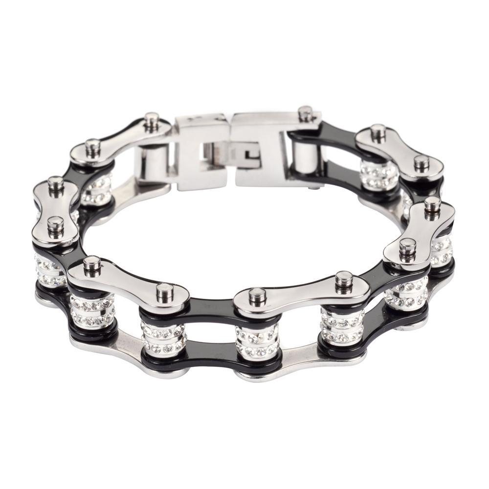 1/2" Wide Silver Black Double Crystal Rollers Stainless Steel Motorcycle Bike Chain Bracelet