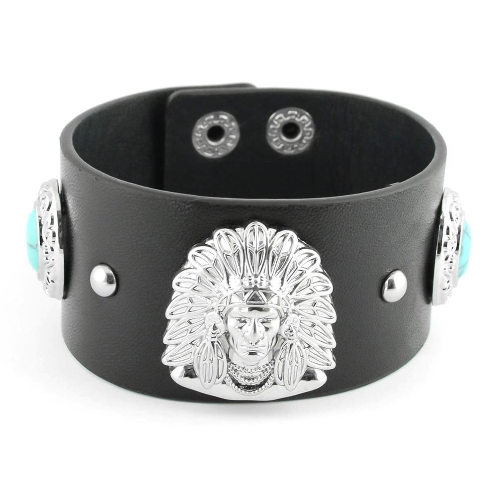 Men's Indian Head & Imitation Turquoise Leather Bracelet