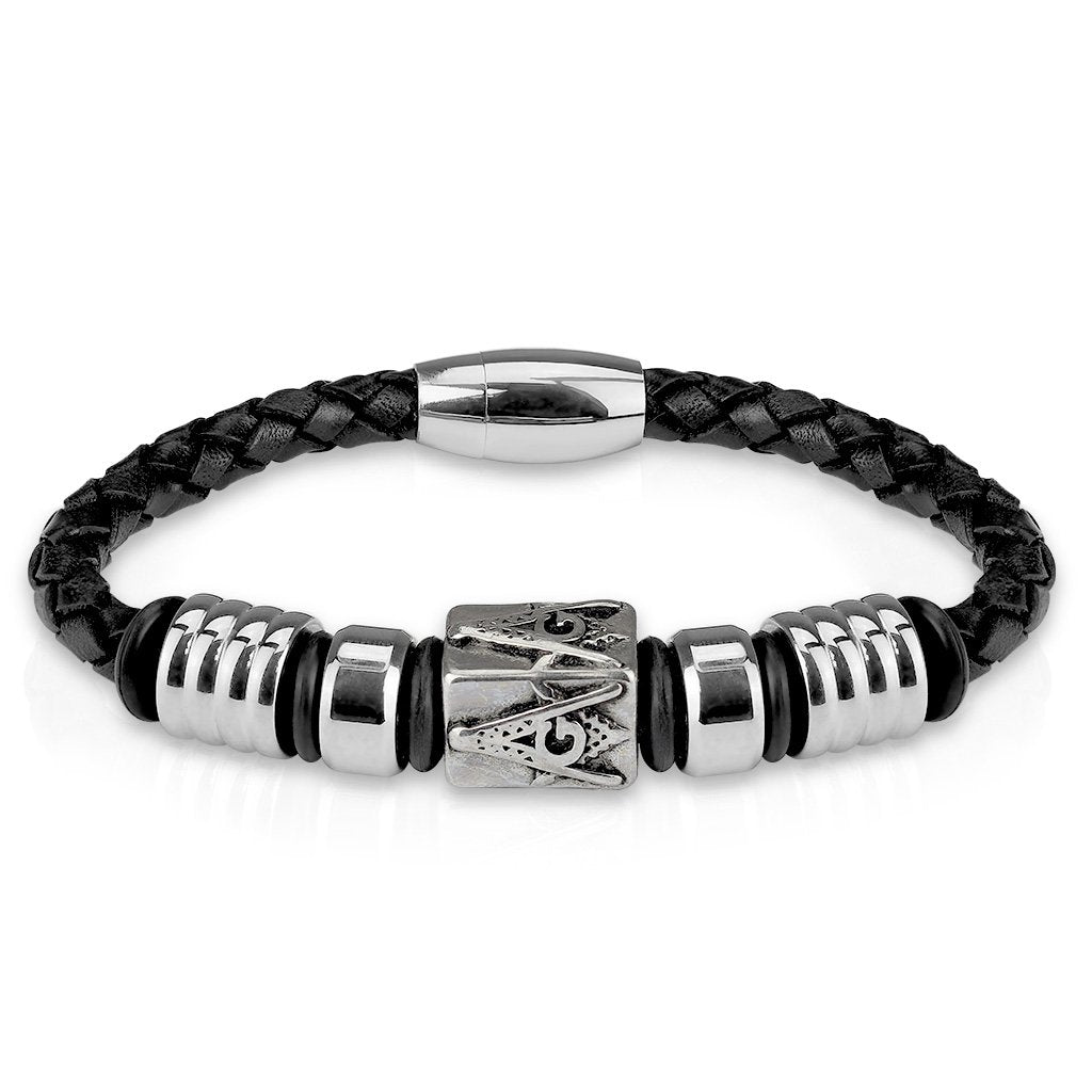 Black Leather Masonic Bracelet with Magnetic Clasp (Stainless Steel)