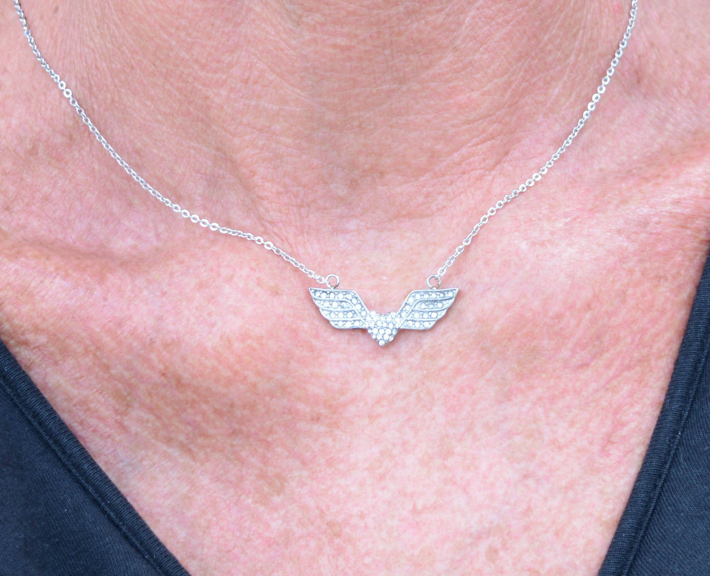 Women's Double Angel Wing Heart Crystal Necklace 19" 1 3/16" Wide Stainless Steel Motorcycle Jewelry