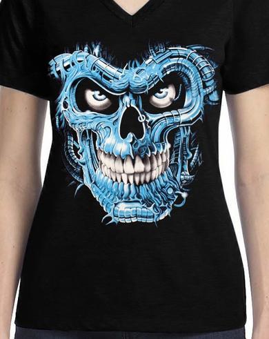 Badass Jewelry Terminator Skull Blue Ladies' Black T-shirt