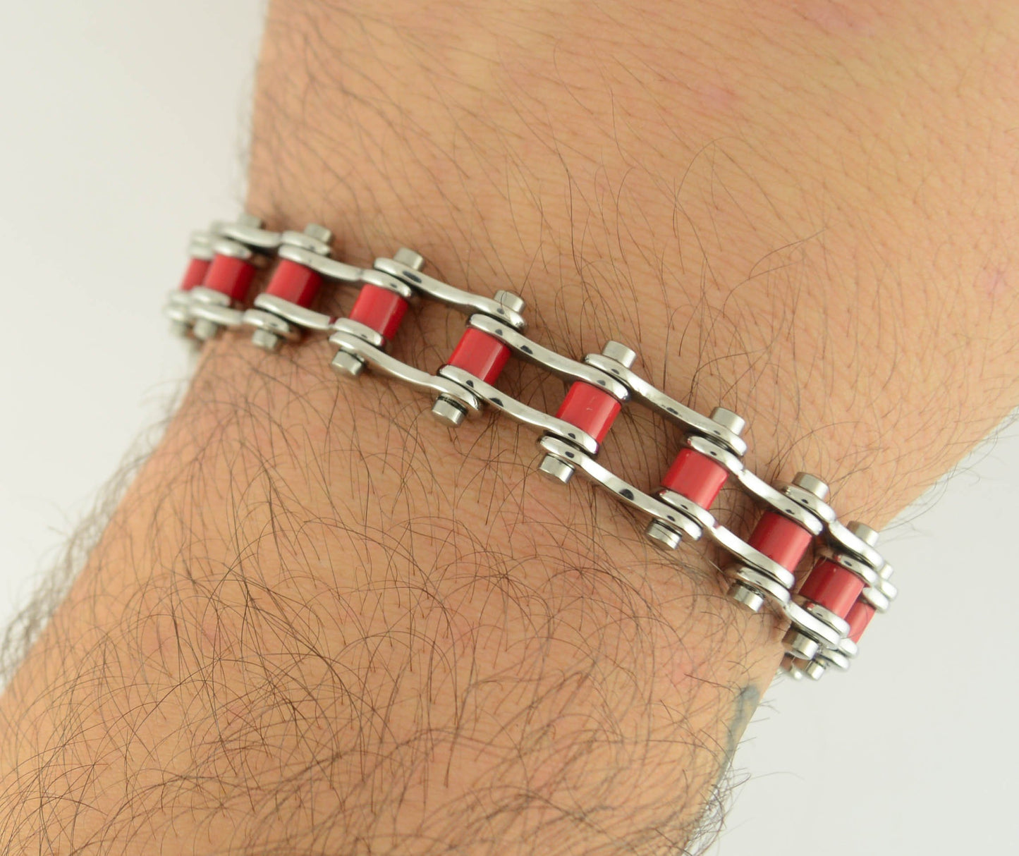 1/2" Wide All Stainless Steel Red Rollers Stainless Steel Motorcycle Bike Chain Bracelet Jewelry