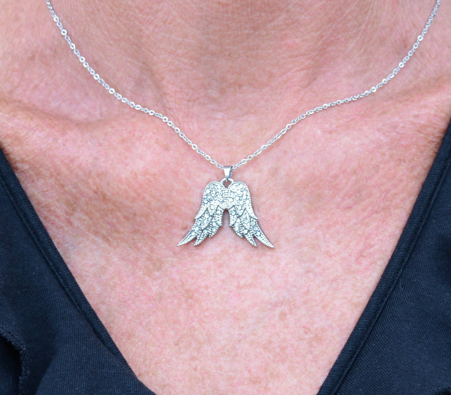 Women's Crystal Fixed Double Angel Wing Necklace 19" 1 1/4" Wide Stainless Steel Motorcycle Jewelry