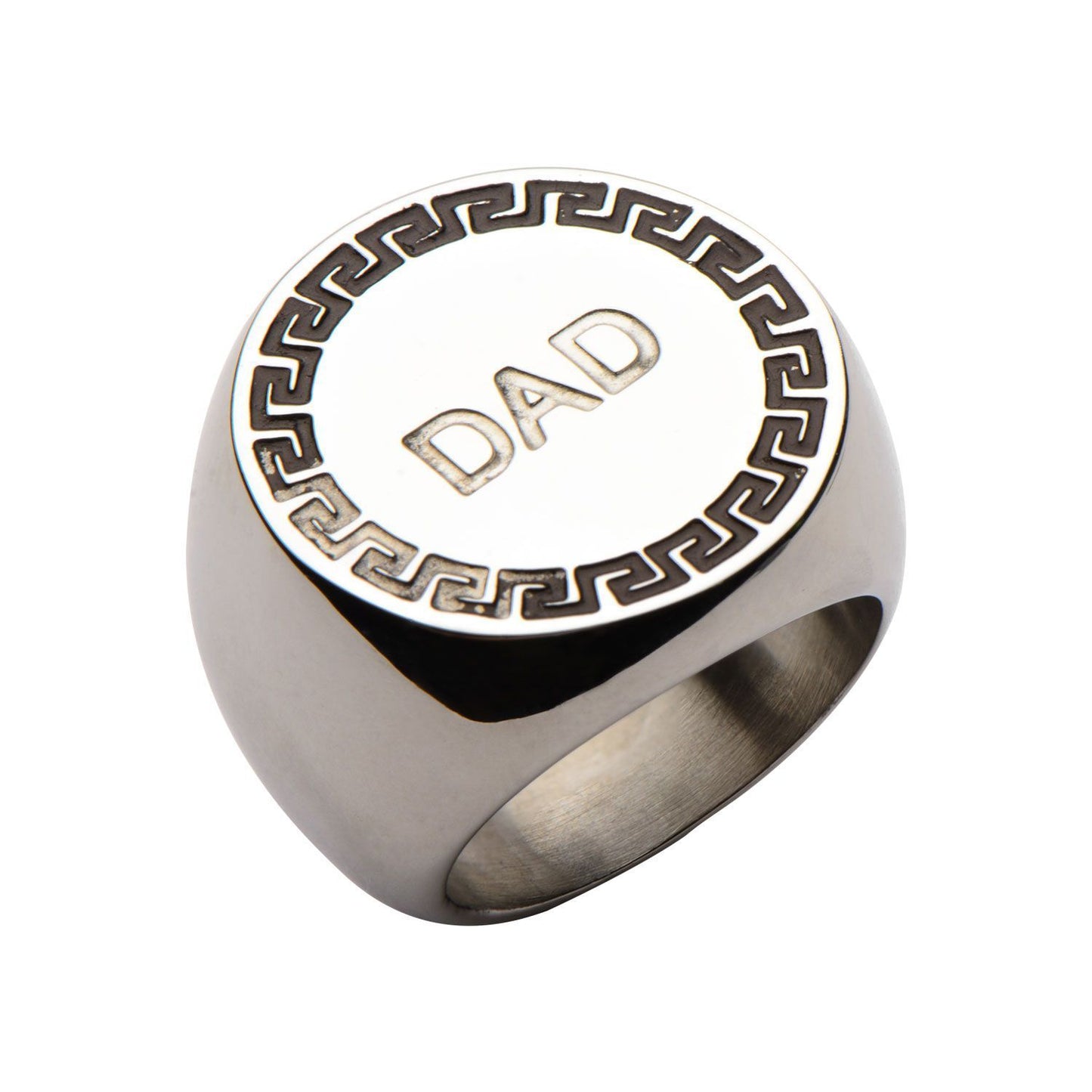 Stainless Steel Engraved DAD with Round Greek Key Design Ring