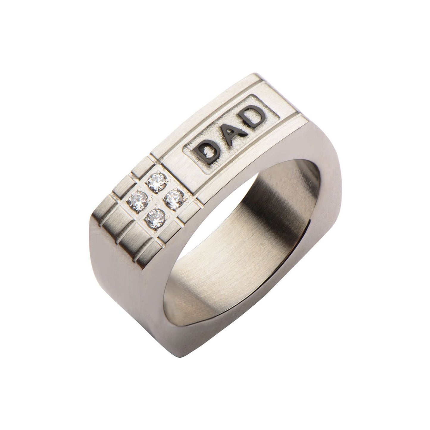 Stainless Steel Ring with CZ and Engraved Dad