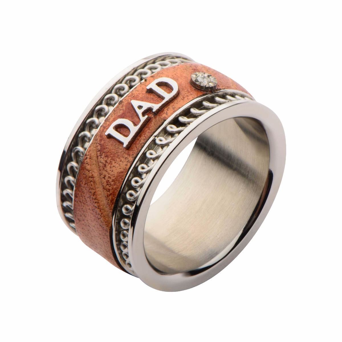Stainless Steel Brown Leather DAD Ring