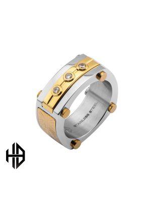 Hollis Bahringer Men's Stainless Steel Polished .02 CT Diamond Carved Gold IP Ring
