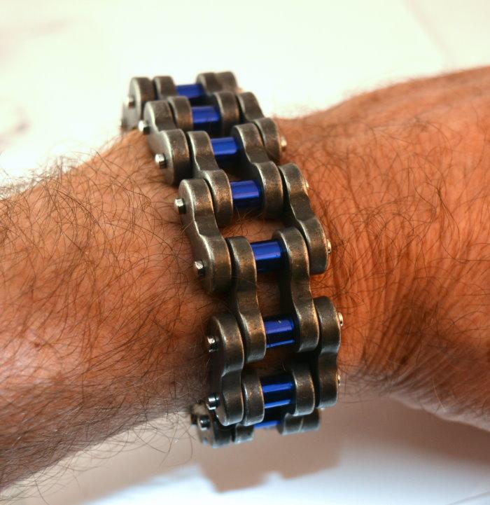 Distressed Antique Finish 1" Wide with Candy Blue Rollers THICK LINK Men's Stainless Steel Motorcycle Chain Bracelet