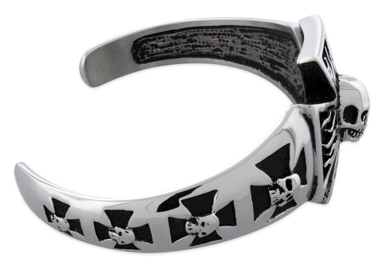 Stainless Steel Iron Cross Flaming Skull Bangle Bracelet