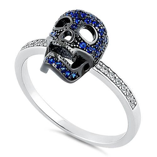 Sterling Silver Black Rhodium Two Tone Blue Spinel CZ Skull Ring