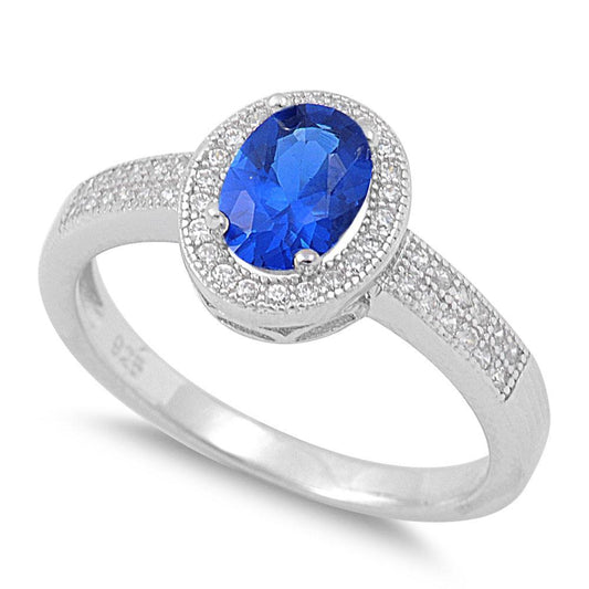 Sterling Silver Blue Saphire CZ Oval Halo Engagement Ring