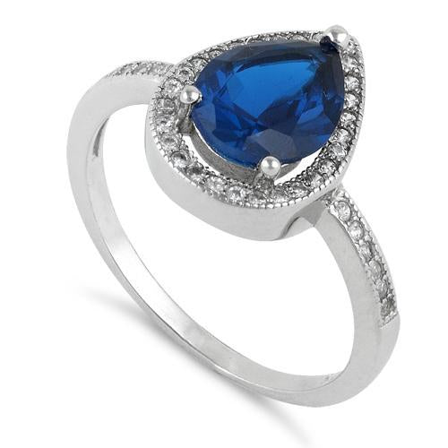 Sterling Silver Blue Saphire CZ Tear Drop Engagement Ring