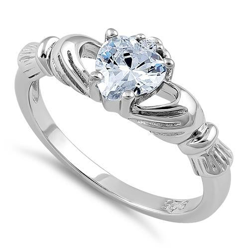 Sterling Silver Claddagh Clear Heart CZ Ring