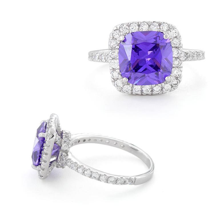 Sterling Silver Cushion Cut Amethyst CZ Ring