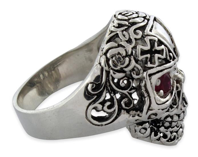 Sterling Silver Fleuron Skull Iron Cross Garnet CZ Eyes Ring