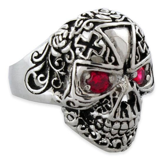 Sterling Silver Fleuron Skull Iron Cross Garnet CZ Eyes Ring