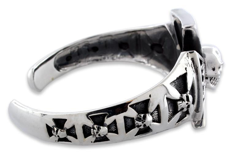 Sterling Silver Iron Cross Flaming Skull Bangle Bracelet