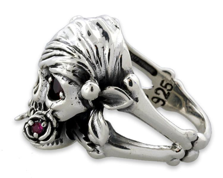 Sterling Silver One Eyed Skull with Rose Ring