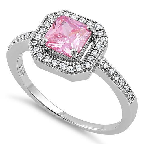 Sterling Silver Pink CZ Cushion Halo Engagement Ring