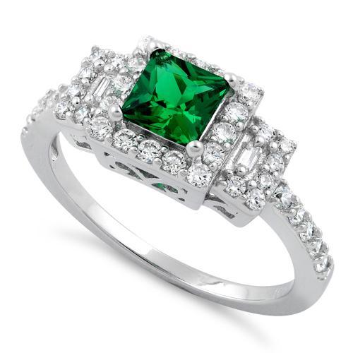 Sterling Silver Square Emerald CZ Cushion Engagement Ring