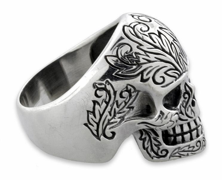 Sterling Silver Tattooed Skull Ring