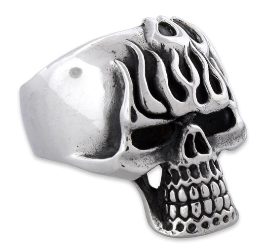 Sterling Silver On Fire Skull Ring